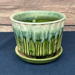 Vintage McCoy 0372 Green 5 3/4”  Bamboo Planter with Saucer